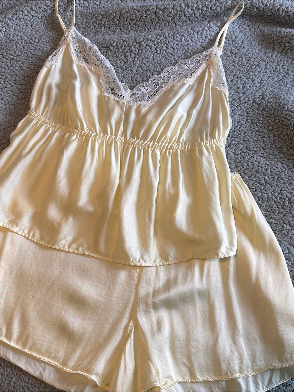 Aerie Butter Yellow Satin Lace-Trim Cami & Shorts Pajama Set